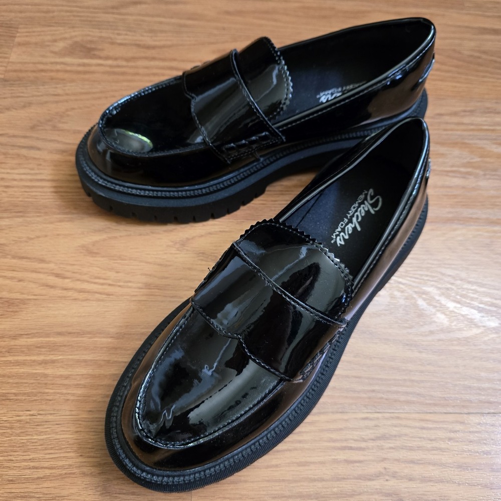 Skechers Women Sz 6 US Black Patent Leather Loafer Slip-On Shoes Chunky Y2k  90s